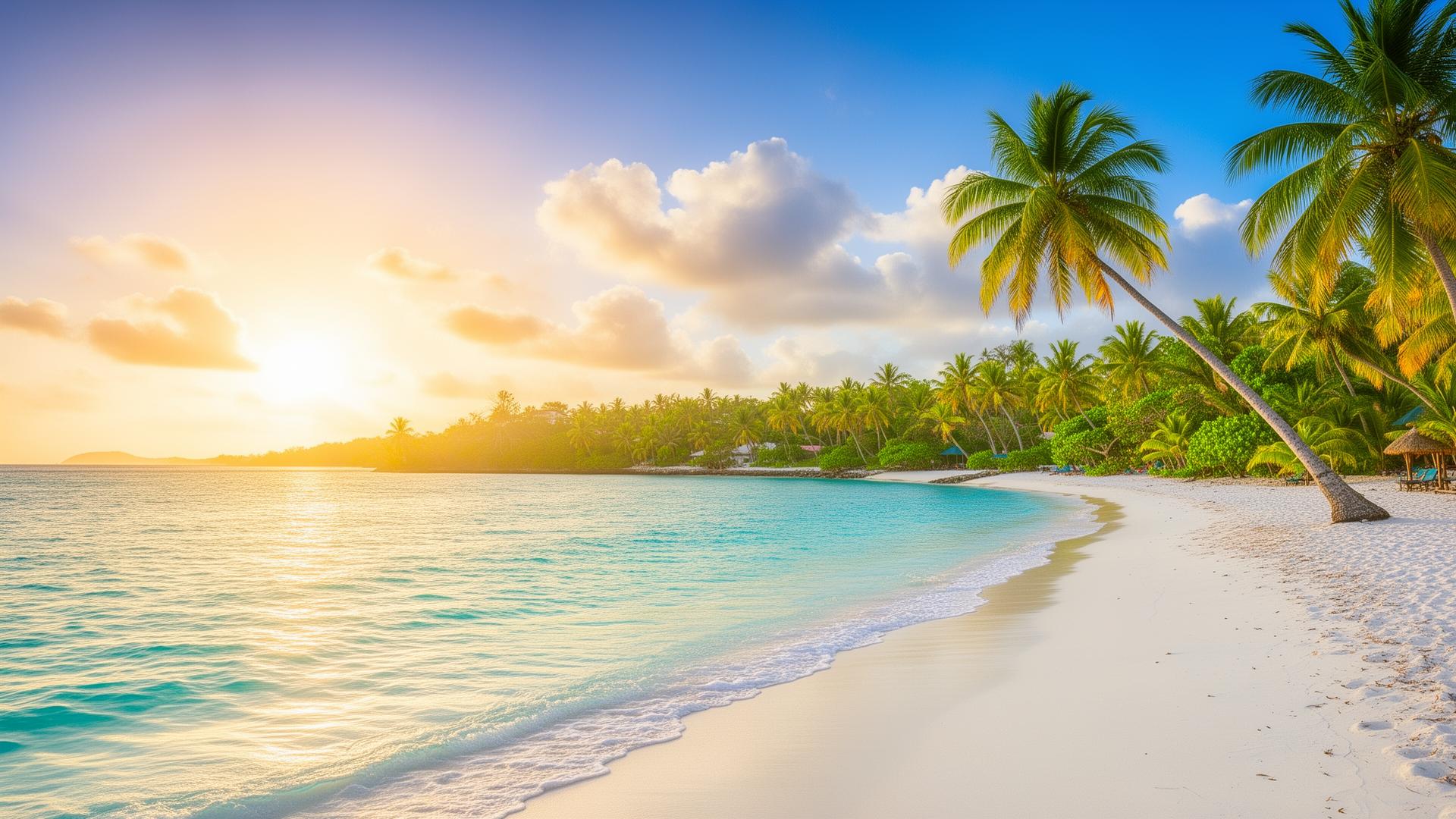 Turquoise Caribbean shoreline with palm trees at golden hour